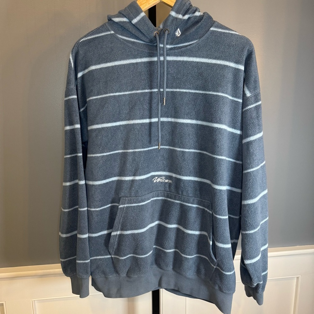 Volcom Striped Fleece Hoodie Loose Fit Gray Pullover Surf Skate M